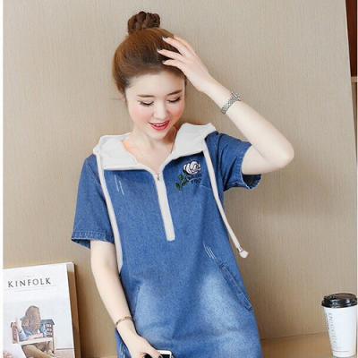 ĐẦM JEAN SUÔNG PHỐI NÓN TRẮNG THÊU HOA HỒNG - NJ240